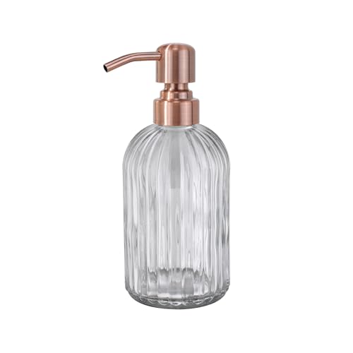 Image of Glass Soap Dispensers for Kitchen and Bathroom, 16oz Heavey Glass Bottle, Stainless Steel Red Copper Pump,Clear Farmhouse Bathroom Soap Dispenser