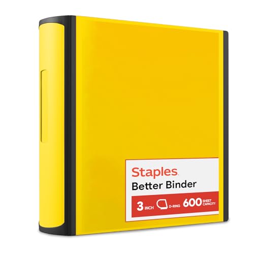 Staples Heavy-Duty 3-Inch D-Ring Binder Yellow Large Capacity 3-Ring Binder Holds Up to 600 Sheets for School & Office
