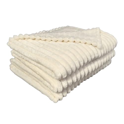 Luxury Faux Fur Ribbed Blanket Sofa Large Throw - Thermal Warm & Cosy Thick King Fluffy Throws - Double Fleece Blanket Throw For Sofa Bed Couch (Cream, King)