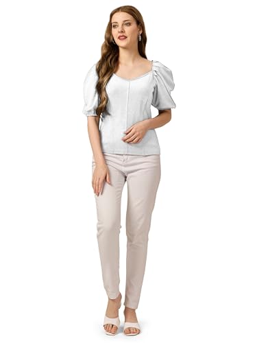 Image of Mehrang Women's Solid Ribbed Crop Tank Top Ribbed Tops for Women V-Neck 3 /4th Balloon Sleeves