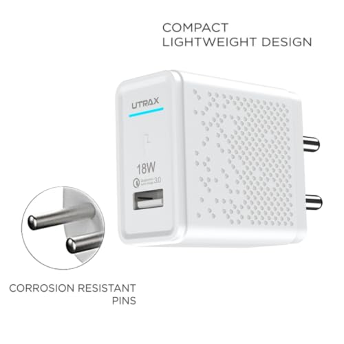 Image of Utrax 18W Single Port QC 3.0 Fast Charger | Quick Charge 3.0 | 3.0A Output | Compact Wall Adapter | Compatible with Samsung Galaxy, Xiaomi, Redmi, Oppo & All QC 3.0 Devices (White)