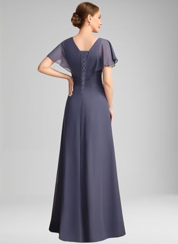 Chiffon Mother of The Bride Dresses for Wedding Elegant Long Ruched Formal Evening Gown with Flutter Sleeve3