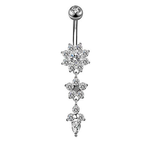 SEniutarm Stainless Steel Belly Button Ring Rhinestone Flower Navel Ring Piercing Jewelry Silver Drill