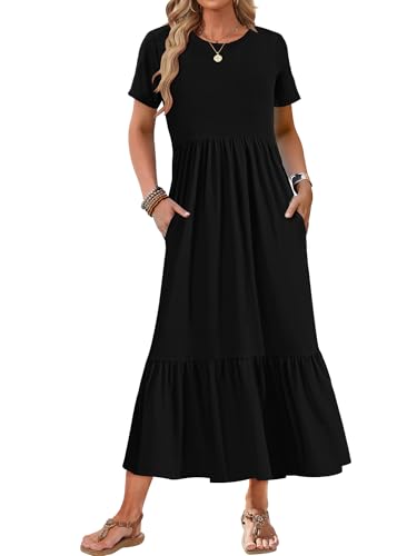 Image of AUSELILY Womens Summer Dresses 2025 Short Sleeve Maxi Dress Crewneck Casual Sundresses with Pockets