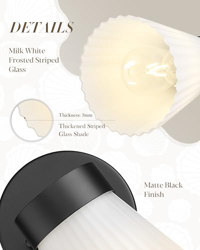 Image of Bathroom Wall Sconce Set of Two, HWH Wall Vanity Light with Frosted White Striped Shade, Industrial Wall Lamp Matte Black for Bathroom Doorway, 5HZG97B-2PK BK