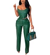 WOKANSE Women's Sexy Chic PU Faux Leather 2 Piece Outfits Tube Crop Tops and Casual Straight Leg ...
