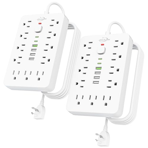 JouleLoom 2 Pack 6 FT Flat Plug Surge Protector Power Strip, 11 enchufes AC múltiples con 6 puertos USB (2 USB C), cable de extensión de 6 pies, 1250W/10A, botón de encendido táctil, regleta compacta 17 en 1 miniatura 1