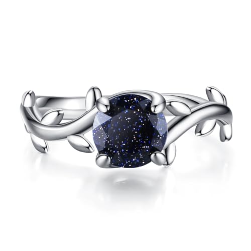 Unique Blue Sandstone Promise Ring - Vintage Engagement Rings for Women - 7x7 Round shaped Womens Wedding Rings Plated with Titanium