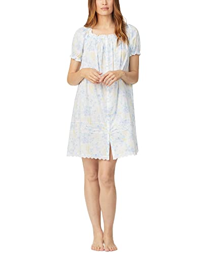 Eileen West Women's Short Button Front 100% Cotton Lawn Robe or Nightgown (Medium) Blue Floral