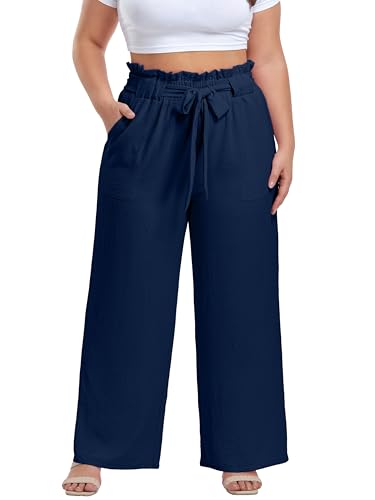 La Mejor Recopilación de Pantalones de Moda para Dama los mejores 5. 45 OLRIK - Pantalones casuales de talla grande para mujer, cintura alta, con cinturón, pantalones largos rectos con bolsillos, Azul oscuro, 2X
