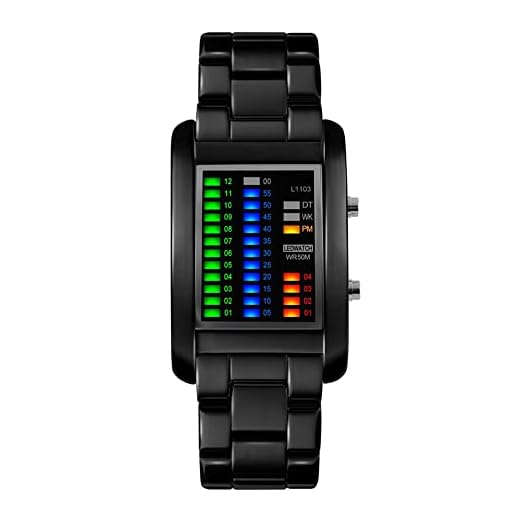 FeiWen Fashion Unico Binario Relojes de Pulsera Unisex 50M Impermeable Fecha Multicolor LED Luz Outdoor Deportivo Digitales Electrónica Rectangular Acero Inoxidable Reloj, Negro