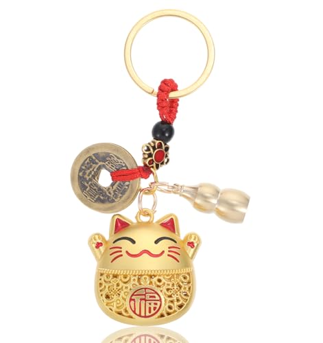 ValueBargain Maneki Neko Lucky Cat Cat Keyring with Feng Shui Coins Tassel Gourd Maneki Neko Statue Charm for Good Luck Gift for Cats Lovers