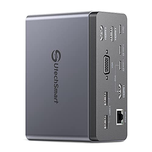 Docking Station,UtechSmart 19 in 1 Quadruple Display Laptop USB C Docking Station,USB C Hub Dock 3 HDMI Adapter for MacBook&Windows (3 HDMI,VGA,PD 3.0,Ethernet,SD/TF Card Reader,Audio,6 USB Ports)