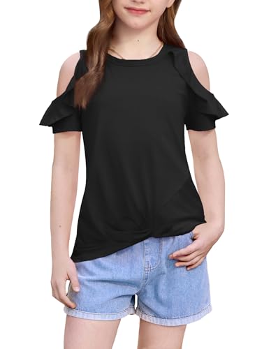 Image of BesserBay Girls Cold Shoulder Tops Twist Front Tunic Ruffle Sleeve Summer Blouses 5-14 Years