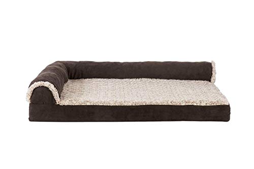 Image of Furhaven Cooling Gel Dog Bed for Medium /Small Dogs w / Removable Bolsters & Washable Cover, For Dogs Up to 35 lbs - Two-Tone Plush Faux Fur & Suede L Shaped Chaise - Espresso, Medium