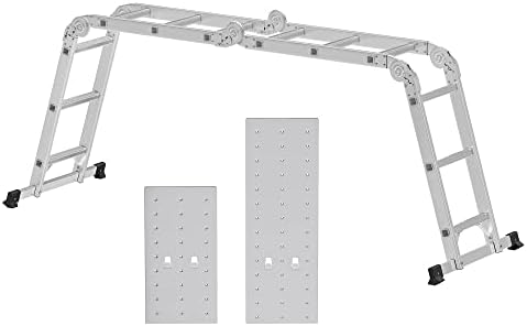 SONGMICS 3.5 m Ladder, Multi-Purpose Aluminium Ladder with 2 Metal Plates and 12 Steps, Articulated, Holds up to 150 kg, Silver GLT36M