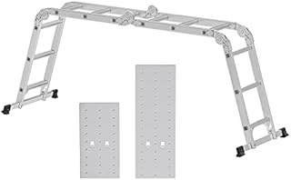 SONGMICS 3.5 m Ladder, Multi-Purpose Aluminium Ladder with 2 Metal Plates and 12 Steps, Articulated, Holds up to 150 kg, Silver GLT36M