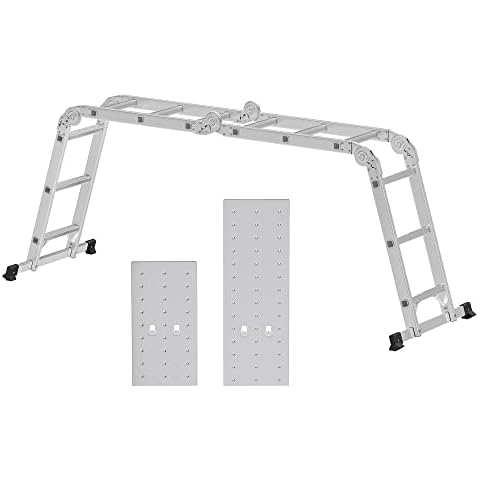 SONGMICS Leiter, Mehrzweckleiter, Trittleiter, Aluleiter, Haushaltsleiter, bis 150 kg, 12 Stufen mit 2 Gerüstplatten, silbern GLT36M Cover