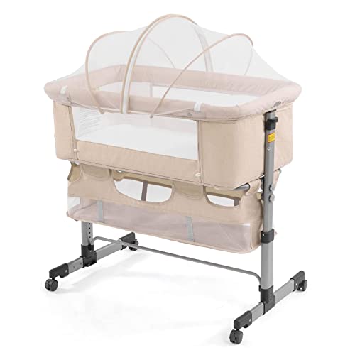 Image of nordmiex 3in1 Bedside Crib for Girl or Boy, Bedside Sleeper for Baby Portable and Adjustable Crib with Mosquito net for Newborn Baby,Deep Khaki