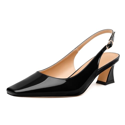Womens Slingbacks, Small Square Toe Mid Block Heel Slingback Pumps for Women, Leather Insole Pumps Shoes Buckle Closure 2