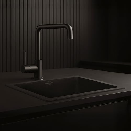 Image of Benelave by Hindware BLACP91008 Quartz Sink 18x16x8 for Kitchen | Single Bowl | Black Color | Better Sound Absorption for Quieter Use | 7-year Manufacturer Warranty