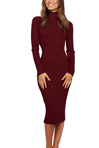 Image of MEROKEETY Women's Ribbed Long Sleeve Sweater Dress High Neck Slim Fit Knitted Midi Dress