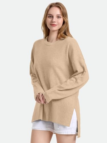 Image of ZANZEA Women's Fall Sweaters 2025 Oversized Loose Long Sleeve Crew Neck Side Slit Dressy Knit Casual Pullover Tops