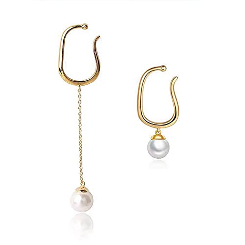 Cute Pearl Cuff Wrap Cartilage Earrings Sterling Silver 925 Classic Dangling Charm Pearl Threader Tasse Chain Clip On Hoop Earring Non Pierced Dangle Drop Stud Ear Jewelry Gifts for Women Girls Hypoallergenic