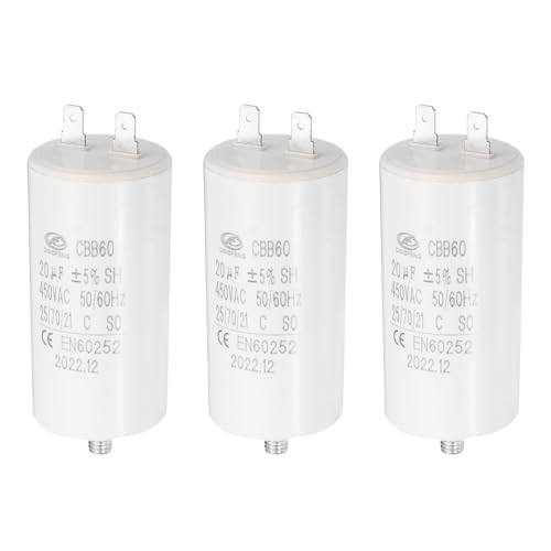 YOKIVE 3 Piezas Condensador De Marcha CBB60 20uF, Condensador De Arranque Con 2 Pines Tornillo M8, AC 450V Para Motores De Arranque, (Blanco, 1.64 X 3.12 Pulgadas)