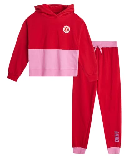 Image of DKNY Girls Sweatpants Set - 2 Piece Active Fleece Girls Sweatshirt and Jogger Youth Kids Sweatpants Matching Set (4-16)