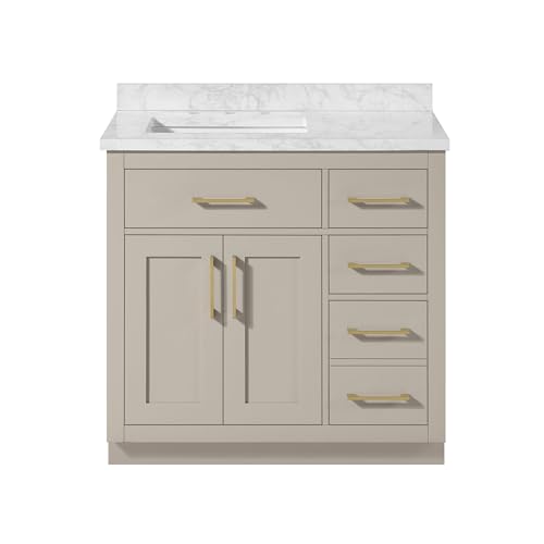 Image of OVE Decors Athea 36 in. Single Sink Freestanding Greige Bathroom Vanity with White Engineered Marble Top, Matching Backsplash, Power Bar and Brushed Gold Hardware