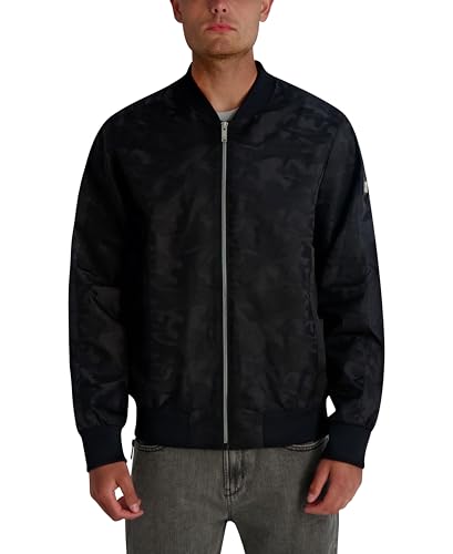 KARL LAGERFELD Paris Men's Camo Bomber Jacket with Rib Knit Trim, Black, Large