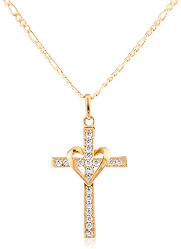 10k Yellow Gold, Rose Gold and White Gold Heart & Cross Pendant with an 16, 18, 20 and 22 Inch Gold Overlay Figaro Necklace2