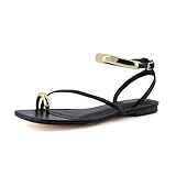 CUSHIONAIRE Secret Flat Sandals for Women with Gold Ankle Cuff and Toe Ring Strap, Vegan Leather Dress Sandals, BLACK 10