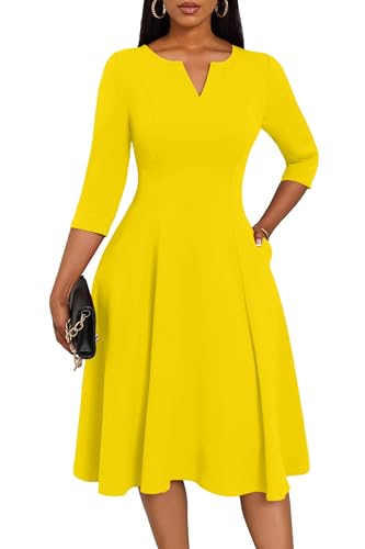 Image of Nmoder Midi Dresses for Women A-Line Fit and Flare Dress 3 /4 Sleeve V Neck Cocktail Wedding Guest Work Dress with Pockets