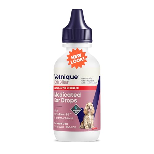 Vetnique Oticbliss Cat & Dog Ear Infection Treatment Drops, MicroSilver Yeast Infection Treatment for Dogs, Hydrocortisone for Itching, Redness Swelling (Ear Infection)