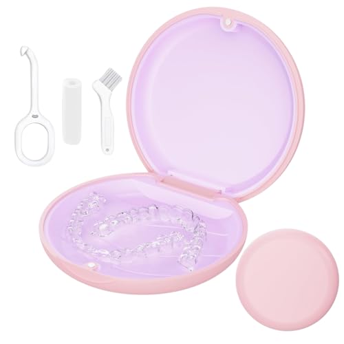 Zahnspangendose Zahnschiene Box Kompatibel mit Invisalign Retainer Case mit Entnahmewerkzeugen& Aligner Chewies& Bürste Herausnehmbares Innenfach aus Silikon (Rosa)