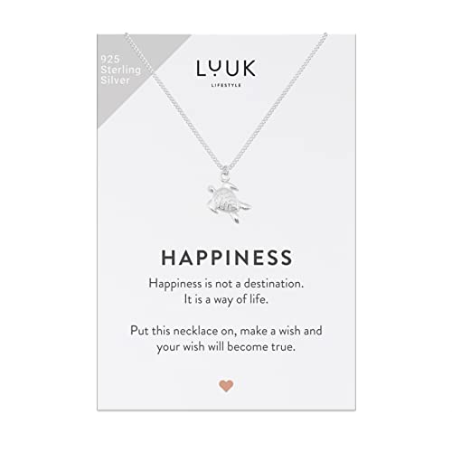 LUUK LIFESTYLE Necklace in 925 sterling silver with turtle pendant HAPPINESS gift card travel lucky charm 19 adjustable length womens festival jewelry fashion accessory marine motif silver