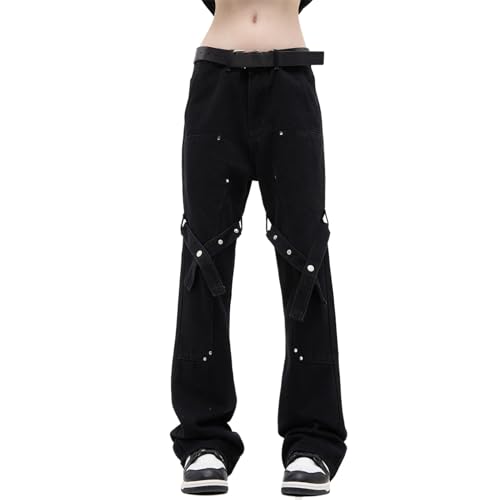 GUOYUXIAO Men's Jeans High-Street Tie-Waist Flared Straight-Leg Denim Pants Casual Workwear Trouser for Men