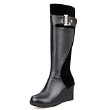  Damen Kniehohe Stiefel Keilabsatz Patchwork Runde Kappe Schuhe Seitlichem Reißverschluss Herbst Winter Plattform Metall Dekoration Damen Büro High Heels