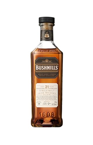 Bushmills - Whiskey Irlandés 21 años - Single Malt Triple Destilado - Whisky Premium - Madurado en barrica de Bourbon y Bota de Jerez según la tradición desde 1608 - 700ml - 40º
