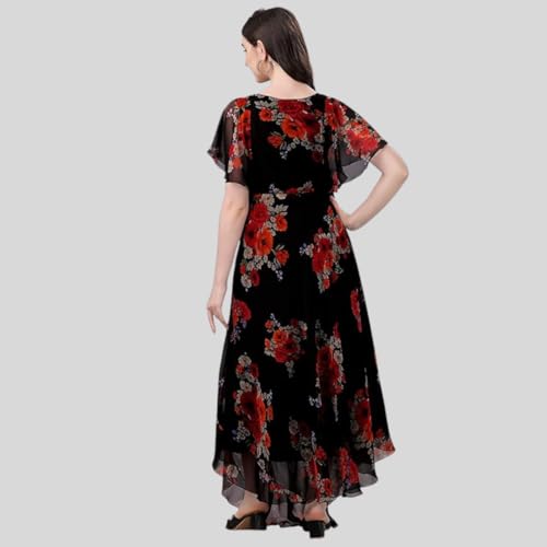 Fashion2wear Women's Georgette Floral Digital Print Short Sleeve Full-Length Fit & Flare Long Gown Dress for Girls (LN-X9TQ-MN1D)