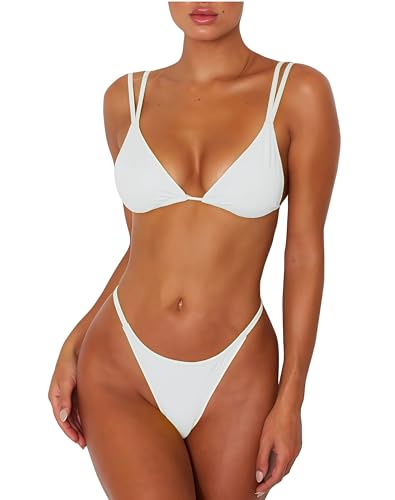 Image of Women's Sexy Thong Bottom Two Piece Bikini Double Shoulder Straps Cute Swimsuit Triangle Bathing Suit