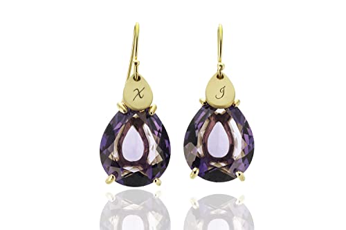 Boucles d'oreilles poire améthyste mauve personnalisées avec initiale et nom gravé