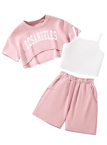 Image of Girl's Summer 3 Piece Outfits Graphic Short Sleeve Crop Top Cami and Shorts Clothes Set
