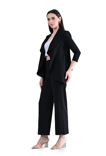 Image of Women's Solid Relaxed Fit 3 /4 Sleeve Cotton Blend Co-ord Blazer and Trouser Set