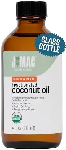 J Mac Botanicals Organic Fractionated Coconut Oil (4 oz Glass Bottle) Organic Carrier Oil and moisturizer