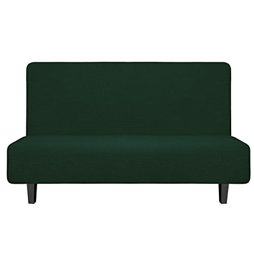 Image of Easy-Going Stretch Medium Futon Slipcover Armless Futon Cover Dark Green | Sofa Bed Furniture Protector Without Armrests with Elastic Bottom for Kids, Soft Jacquard Machine Washable