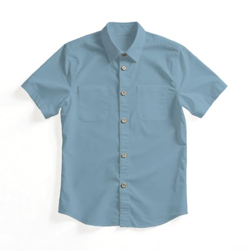 YUYAPA Boys Button Down Shirt Casual Short Sleeve Woven Shirts with Two Pockets for Kids 6-14 Years