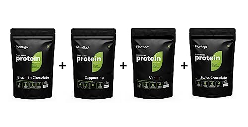 Image of Plantigo Pea Protein Powder 100% Plant Based, Brown Rice Protein Isolate, Flax Seeds, 21+ Organic Vegan Ingredients for Muscle Weight Gain for Men and Women - Travel Pack (Combo of 4 Flavors)